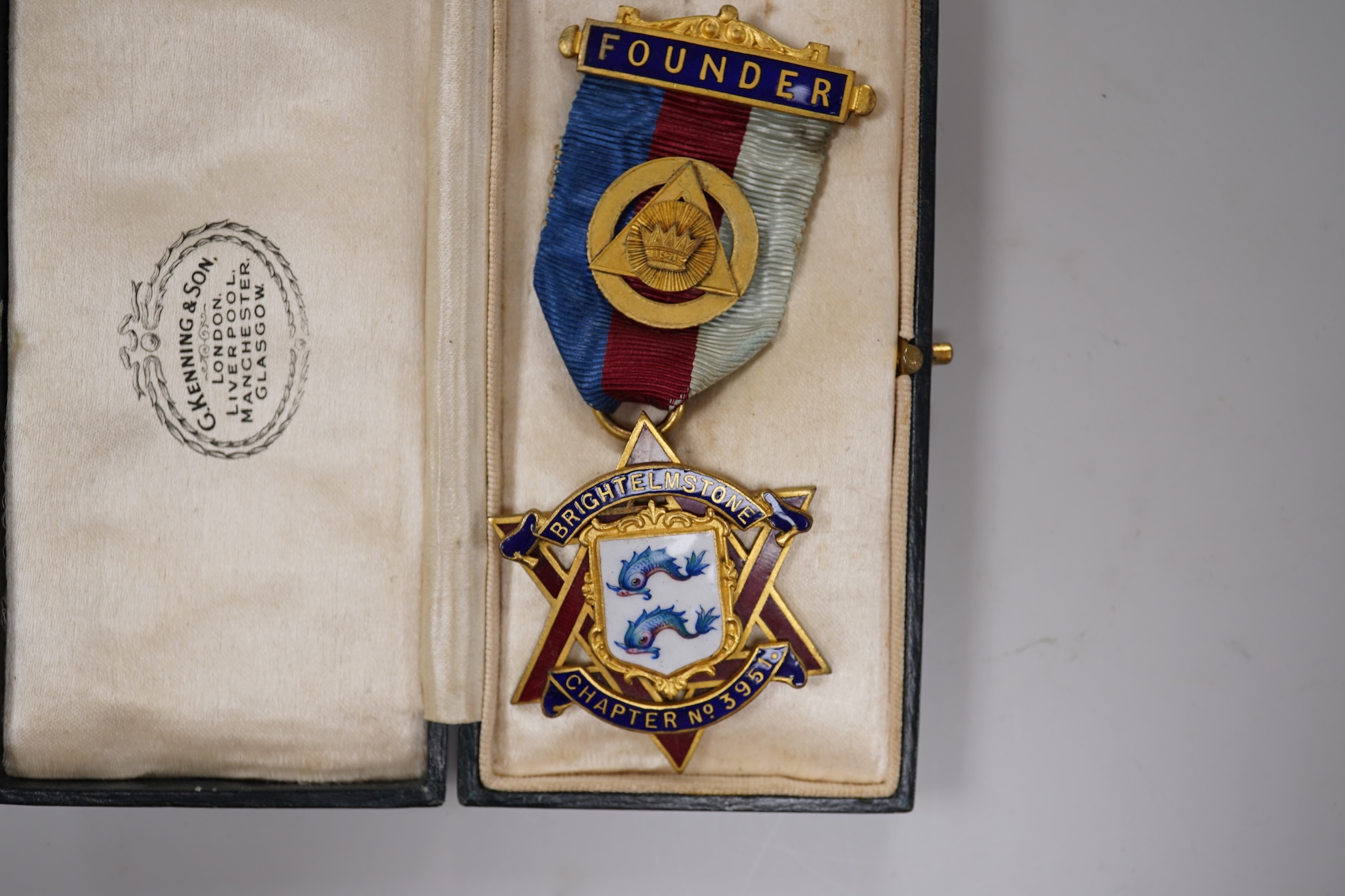 Three Masonic interest medallions / medals, each with enamelled decoration to include a silver gilt example for the Royal Naval Lodge, each cased